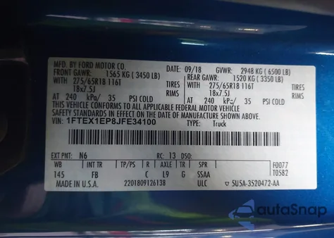 2018 Ford F-150 Xlt из США, поврежденный, VIN 1FTEX1EP8JFE34100